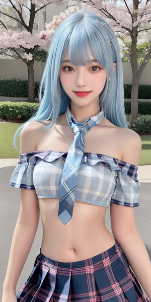 (Masterpiece, Best Quality, Photorealistic, High Resolution, 8K Raw), Smiling, Looking At Viewer, Upper Body, Light, 1 Girl, Solo, Beautiful Young Girl, 18 Years Old, (Long Hair, Light blue Hair, Bangs:1.3), Big Breasts,
(plaid skirt, necktie, exposed shoulders, navel:1.3), outdoor, sunny day, cherry blossom tree, cherry blossom blooming background, low_cut_school_uniform, 