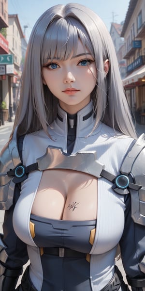 score_9, score_8_up, score_7_up, masterpiece, best quality, high resolution, 1 girl, solo, Korean girl, looking at viewer, upper body, reality, (long hair, grey hair, bangs:1.3), big breasts, EthelXC3, blue eyes, cleavage, armor, shoulder armor, chest tattoo, street background 