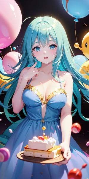 A girl, long aqua hair, bangs, falls onto a cream cake, causing the cream to splatter everywhere. As she lands, an explosion of candies and bubbles fills the air, floating all around her. The scene is whimsical and playful, with colorful sweets and shimmering bubbles creating a magical, dream-like atmosphere. (upper body:1.3) 