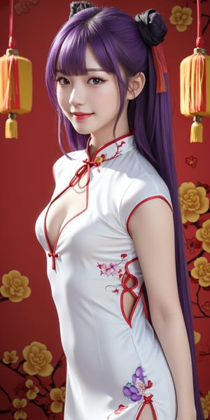 (Masterpiece, Best Quality, Photorealistic, High Resolution, 8K Raw), Smile, Looking At Viewer, Upper Body, 1 Girl, Solo, Beautiful Young Girl, 18 Years Old, Long Hair, (Purple Hair, Bangs:1.3), Small Breasts, Light, (little girl:1.3), Unicorn, white silk cheongsam, short cheongsam, red stitching, bun cover, white stockings, wrist cuffs, black ribbon, cleavage cutout, standing, (Chinese New Year background:1.3)