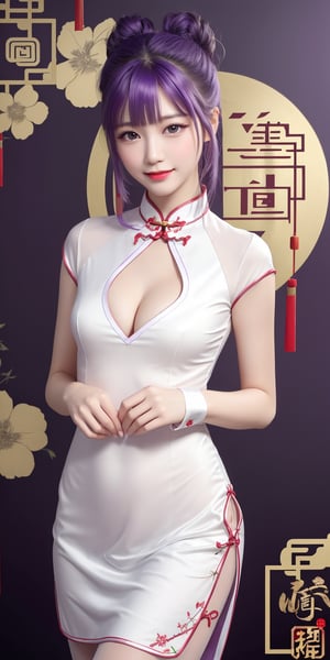 (Masterpiece, Best Quality, Photorealistic, High Resolution, 8K Raw), Smile, Looking At Viewer, Upper Body, 1 Girl, Solo, Beautiful Young Girl, 18 Years Old, Long Hair, (Purple Hair, Bangs:1.3), Small Breasts, Light, (little girl:1.3), Unicorn, white silk cheongsam, short cheongsam, red stitching, bun cover, white stockings, wrist cuffs, black ribbon, cleavage cutout, standing, (Chinese New Year background:1.3)