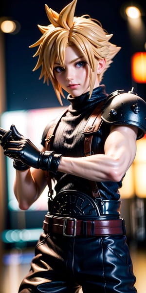 High Quality, Masterpiece, IncrsBrknGls, reflection, , cloud strife, shoulder armor, sleeveless turtleneck, suspenders, belt, gloves, bracer, , solo, 1boy, look at the viewer, midbody, holding buster sword, 1st soldier, daytime street background