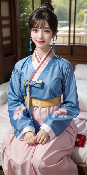 (Masterpiece), Real long-distance full body to toe images of Japanese women in the 80s, high quality, 8K ultra high definition, lifelike, detailed mature faces, realistic, 36D big Japanese women, natural, beautiful and charming, detailed faces, long Hair, big breasts, ((This is a beautiful girl wearing a floral hanbok, bokjumuni, sitting on the bed in shock)), cute girl, Miss International, mature women, realism, (smiley face), (blue hair), YAMATO , small earrings, small necklace, ((smile:1.2)), (red lips), long legs, thin legs, (quality eye set), sexual positions, bun and bangs, digital painting, fantasy, hidden forest, center big tree, [glow crystal], flower, petals, (night), hanbok, bokjumeoni, hanbok, bokjumeoni, realism