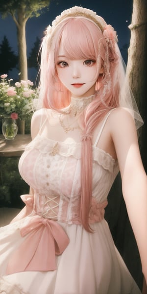 (Masterpiece, Best Quality, Photorealistic, High Resolution, 8K Raw), Smiling, Looking At Viewer, Upper Body, Light, 1 Girl, Solo, Beautiful Young Girl, 18 Years Old, (Long Hair, Pink Hair, Bangs:1.3), Big Breasts, lolita dress, digital painting, fantasy, hidden forest, centered big tree, (glowing crystals), flowers, petal, (night time), Yewon, white dress