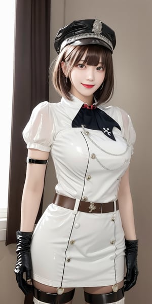 (Masterpiece, Best Quality, Photorealistic, High Resolution, 8K Raw), Smile, Looking At Viewer, Upper Body, Light, 1 Girl, Solo, Beautiful Young Girl, 18 Years Old, Short Hair, (Brown Hair, Bangs:1.3), Big Breasts, lemon0001, police cap, arm strap, puffy short sleeves, belt, half gloves, buttons, jewelry, thigh strap, white skirt, black pantyhose, standing, indoor, windows, curtains, bedroom background, 