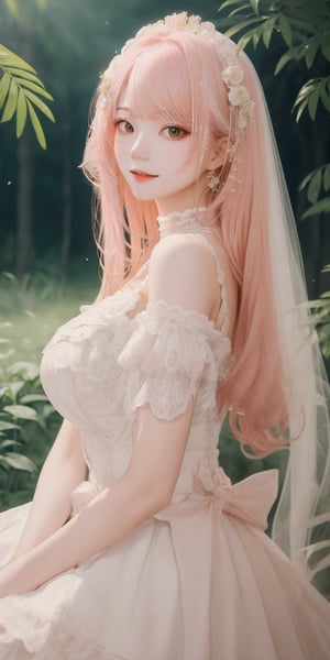 (Masterpiece, Best Quality, Photorealistic, High Resolution, 8K Raw), Smiling, Looking At Viewer, Upper Body, Light, 1 Girl, Solo, Beautiful Young Girl, 18 Years Old, (Long Hair, Pink Hair, Bangs:1.3), Big Breasts, lolita dress, digital painting, fantasy, hidden forest, centered big tree, (glowing crystals), flowers, petal, (night time), Yewon, white dress