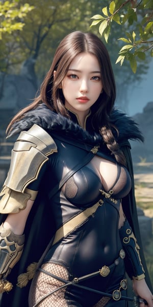 Masterpiece, Best Quality, Photorealistic, High Resolution, 8K Raw), looking at viewer, upper body, 1 girl, solo, long hair, (brown hair), big breasts, Light 
jinsoyun, black bodysuit, black cloak, black feather cloak, one-sided shoulder armor, fishnet, single gauntlet, bracelet, (holding sword, blue sword:1.3), outdoor, trees, flowers, ancient temple background
