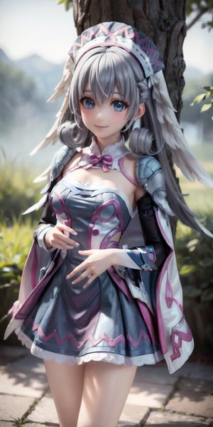 best quality, masterpiece, highres, detailed, digital artwork, , MeliaXenoblade, blue eyes, head wings, hair between eyes, grey hair, , pink dress, upper body, headdress,camp, happy, smile,MeliaXenoblade