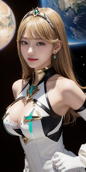 Masterpiece, highest quality, 1 girl, solo, 18 years old, beautiful korean girl, {beautiful and delicate eyes}, long hair, ((blonde hair)), flat bangs, big breasts, calm expression, natural soft light, delicate facial features , seductive human face, smiling eyes, open lips, looking at the viewer, normal body structure, correct proportions, perfect hands, (sexy model pose), seductive body shape, sweaty skin, film grain, real, (mythradef:1.3), tiara, earrings, chest jewel, cleavage cutout, cleavage, dress, short dress, elbow gloves, gloves, thigh strap, upper body, outer space, planet, satellite background, mythradef