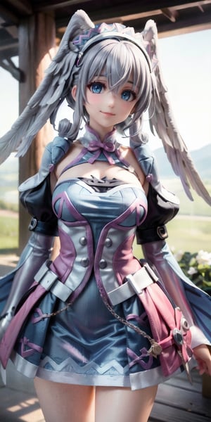 best quality, masterpiece, highres, detailed, digital artwork, , MeliaXenoblade, blue eyes, head wings, hair between eyes, grey hair, , pink dress, upper body, headdress,camp, happy, smile,MeliaXenoblade