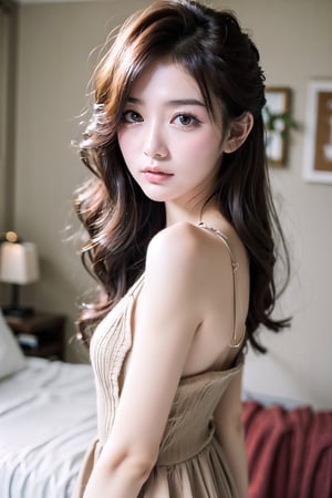 20y,Korean girl small smile 
home background ，workings ,the whole body ，bedroom 