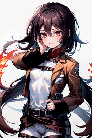 genshin impact,hu tao(genshin impact),hmmikasa outfit, high quality, highly detailed, beautiful, masterpiece, (dotch angle), (medium shot), 1 girl, alone, hu tao from genshin impact, ((wears mikasa outfit)), ((hutao hairstyle)), legion uniform, mischievous smile, body looking at the camera, brown hair, detailed background, city ​​on fire, shingeki_no_kyojin