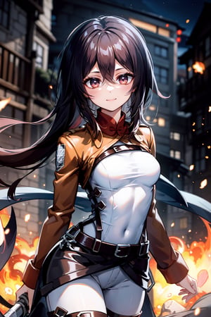 genshin impact,hu tao(genshin impact),hmmikasa outfit, high quality, highly detailed, beautiful, masterpiece, (dotch angle), (medium shot), 1 girl, alone, hu tao from genshin impact, ((wears mikasa outfit)), ((hutao hairstyle)), legion uniform, mischievous smile, body looking at the camera, brown hair, detailed background, city ​​on fire, shingeki_no_kyojin