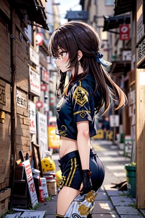 hu tao(genshin impact),wearing soccer_uniform, high quality, highly detailed, beautiful, masterpiece, (profile photo), 1 girl, alone, hu tao from genshin impact, looking to the side, brown hair, golden eyes, hu tao's eyes, green uniform, mexican selection, croptop ((without hat)), modern night street, detailed background
