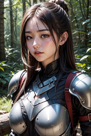 JAPANESE woman, black armor, sweaty body, battle scars, forest background