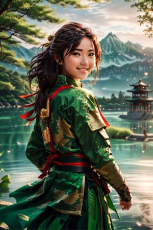 A green armor clad hot warrior smiling Japanese girl is practicing kungfu on the banks of a lake in the morning,Disney pixar style