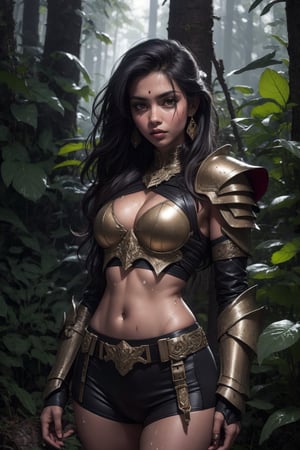 kerala woman, black sexy armor, sweaty body, battle scars,, forest background,