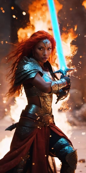 Beautiful warrior queen with ancient tribal tatoos etched onto her chocolate brown skin. Fiery red hair whips around her as she raises a plasma sword in defiance. The embers of a nearby explosion illuminate her dragon armor, highlighting the fallen enemies scattered around her, testaments to her strength.
