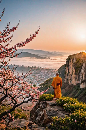 A Buddhist monk is standing under a fully blossomed peach tree at the edge of a cliff and is looking towards the horizon where the sun is setting. Golden hour. Fog. Breezy