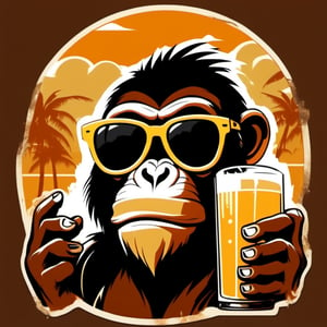 Image of a beer glass overflowing with beer, overlaid with the face of a monkey wearing sunglasses, creating a humorous and unexpected composition. , Vintage T-shirt, Retro Color Palette, Distressed Texture, Sketch Style, Horizon Perspective ,T shirt design,TshirtDesignAF,cartoon logo,sticker