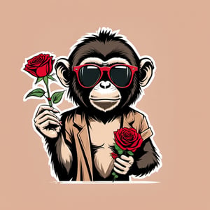 Image of a monkey wearing Ray-Ban sunglasses, holding a single rose, preparing to confess its feelings or make a romantic gesture. , Vintage T-shirt, Retro Color Palette, Distressed Texture, Sketch Style, Horizon Perspective ,T shirt design,TshirtDesignAF,cartoon logo,sticker,Leonardo Style,Ukiyo-e,Chibi Style