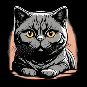 a British Shorthair , black background , Vintage T-shirt, Retro Color Palette, Distressed Texture, Sketch Style, Horizon Perspective ,T shirt design,TshirtDesignAF,cartoon logo,sticker,fluttershysaidsyayyy,Leonardo Style,AiArtV,Coloring Book