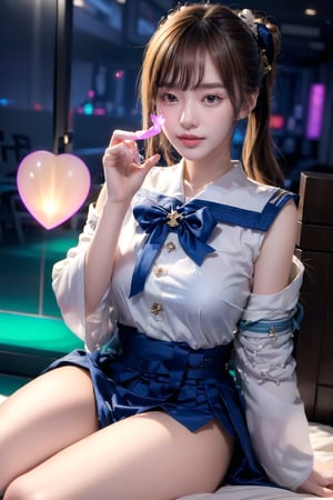 Love Light Wave ~ A beautiful Japanese girl, showing a love gesture, special effects of light-up love, sailor pleated mini skirt,