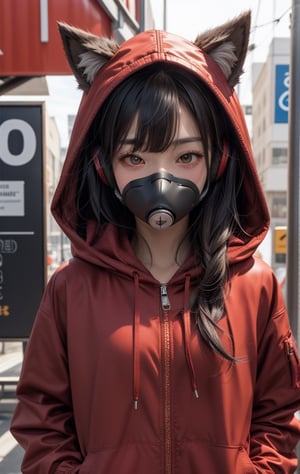 1girl, solo, long hair, looking at viewer, bangs, shirt, black hair, red eyes, long sleeves, animal ears, jacket, upper body, open clothes, hood, open jacket, black jacket, mask, headphones, wolf ears, red shirt, clothes writing, hooded jacket, red background, hood up, zipper, mouth mask, drawstring, covered mouth, headphones around neck, red theme, ears through headwear, respirator
,cool