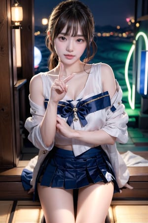 Love Light Wave ~ A beautiful Japanese girl, showing a love gesture, special effects of light-up love, sailor pleated mini skirt,투명하다,