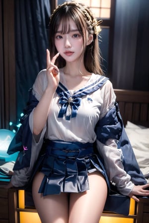 Love Light Wave ~ A beautiful Japanese girl, showing a love gesture, special effects of light-up love, sailor pleated mini skirt,transparent,