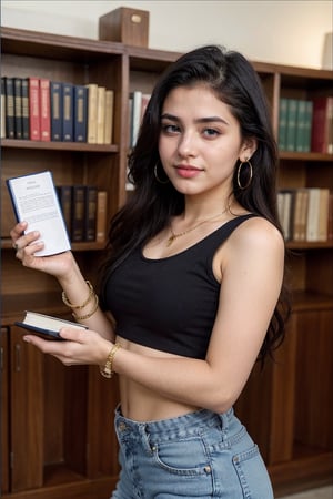 lovely cute young attractive indian girl, blue eyes, gorgeous actress, 23 years old, cute, an Instagram model, long hair, black hair, Indian, wearing black top,jeans, bangles ear rings, standing in library, smiling, looking cute , holding book in hand