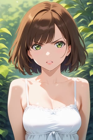 High-definition illustration one girl with distinct personalities and styles, set against a detailed background. 1girl, aged 14, wears a white sundress and has short brown hair, a youthful face, with pouty lips, and an angry expression. Her eyes are bright and determined. 