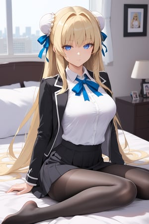 1girl, solo, long hair, looking at viewer, bangs, blue eyes, skirt, blonde hair, shirt, long sleeves, ribbon, sitting, very long hair, jacket, white shirt, pantyhose, indoors, black skirt, hair bun, black jacket, pillow, black pantyhose, window, double bun, bed, neck ribbon, on bed, pencil skirt, photo \(object\), picture frame