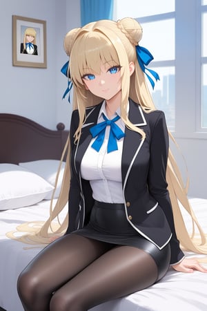 1girl, solo, long hair, looking at viewer, bangs, blue eyes, skirt, blonde hair, shirt, long sleeves, ribbon, sitting, very long hair, jacket, white shirt, pantyhose, indoors, black skirt, hair bun, black jacket, pillow, black pantyhose, window, double bun, bed, neck ribbon, on bed, pencil skirt, photo \(object\), picture frame