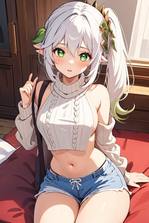 1girl, mature women,  masterpiece, best quality, highly detailed, virgin destroyer sweater, green eyes, white hair, nahida , shorts, genshin impact, 