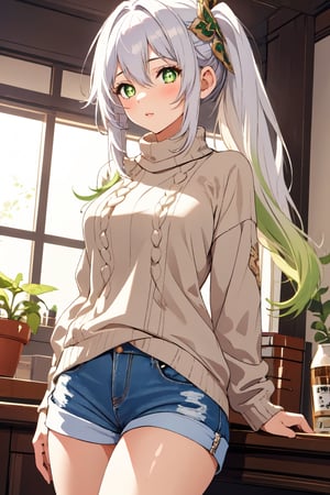 1girl, mature women,  masterpiece, best quality, highly detailed, virgin destroyer sweater, green eyes, white hair, nahida , shorts, genshin impact, 26 years old,