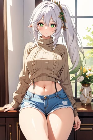 1girl, mature women,  masterpiece, best quality, highly detailed, virgin destroyer sweater, green eyes, white hair, nahida , shorts, genshin impact, 26 years old,