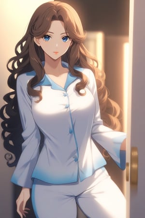 She is 19 years old with long curly hair, brown hair, She has big deep blue eyes. Closed mouth, lips, Her figure is curvy and toned.  wears pajamas, white shirt, white pants, 