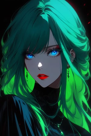 As Sarah's hauntingly beautiful feature.Sarah's eyes were a striking shade of emerald blue, framed by long lashes that seemed to captivate anyone who dared to gaze upon them. Her full lips, painted in a dark shade of red, blue eye, blue hair, green hair, multicolour hair, 