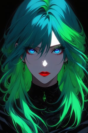 As Sarah's hauntingly beautiful feature.Sarah's eyes were a striking shade of emerald blue, framed by long lashes that seemed to captivate anyone who dared to gaze upon them. Her full lips, painted in a dark shade of red, blue eye, blue hair, green hair, multicolour hair, 