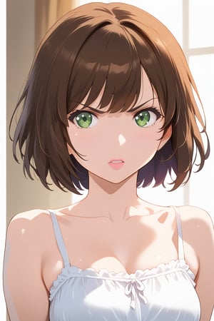 High-definition illustration one girl with distinct personalities and styles, set against a detailed background. 1girl, aged 14, wears a white sundress and has short brown hair, a youthful face, with pouty lips, and an angry expression. Her eyes are bright and determined. 