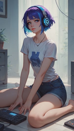 score_9, score_8_up, score_7_up, score_6_up, 1girl, short hair, purple hair, blue hair, multicolour hair, closed mouth, lips, sitting on the floor, shirt, short sleeve, shorts, game controler, in hand, headphones, 
