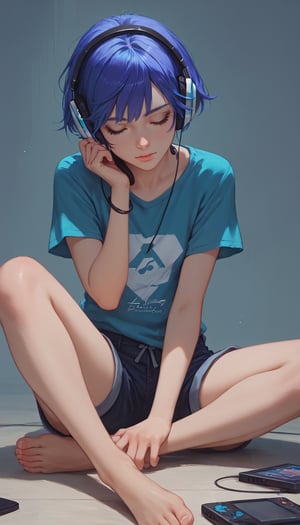 score_9, score_8_up, score_7_up, score_6_up, 1girl, short hair, purple hair, blue hair, multicolour hair, closed mouth, lips, sitting on the floor, shirt, short sleeve, shorts, game controler, in hand, headphones, 
