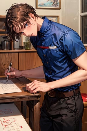 1male, solo, short brown hair, looking at viewer, servant clothes in blue and red, dark skin, he is getting spanked with belt, bend over the table, 1 male, 21-year-old, 17th Century,punishment , beauty, masterpiece,best quality,pastel,inksketch,Asia,Germany Male,1boy
