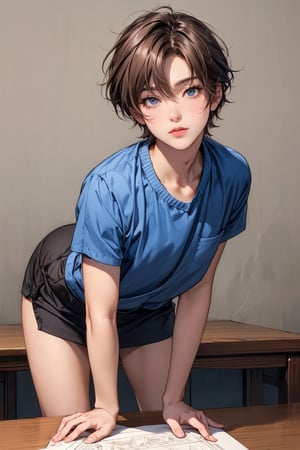 1boy, solo, short brown hair,  looking at viewer, housekeeper clothes in blue and red, dark skin, he is getting spanked, bend over the table, weak and pretty,1 boy, beauty,masterpiece,best quality,pastel,inksketch,Asia,Germany Male