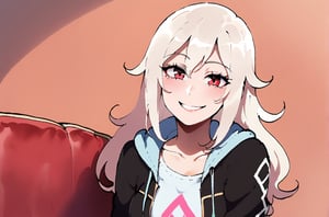 IA Vocaloid, Long hair, white hair, sincere smile, hoodie, Red eyes, seated on couch, female, solo, Nyantcha style, looking at pov