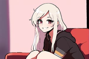 IA Vocaloid, Long hair, white hair, sincere smile, hoodie, Red eyes, seated on couch, female, solo, Nyantcha style, looking at pov, romantic environment