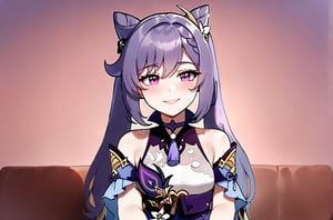 Keqing Genshin Impact, Twintelles, playful smile, cute dress, Purple eyes, seated, romantic environment, female, solo, looking at pov, Nyantcha style