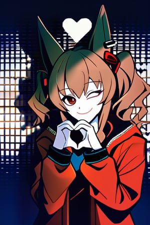 Angelina Arknights, smile,  light brown hair, twintelles, fox ears, white skin, human, jacket, winking, heart-shape hands, 