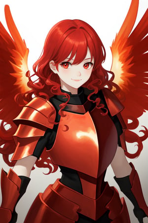 One female, Red hair, fiery background, proud smile, red armor, red eyes, young adult, red angel wings, long curly hair, 